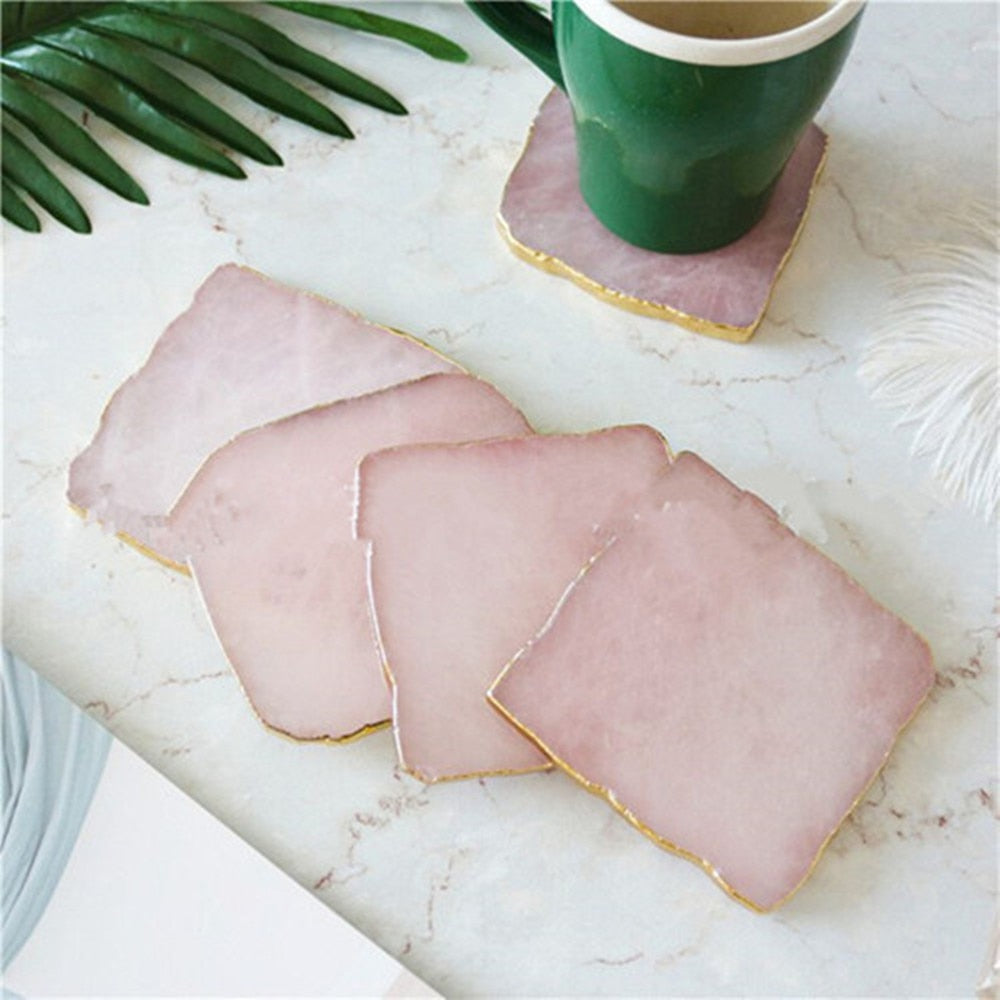 Wholesale 1pcs Natural Rose Quartz Coaster Hexagon Crystal Platter Electroplated Gold Color Jewelry for Cup Mat Display acacuss