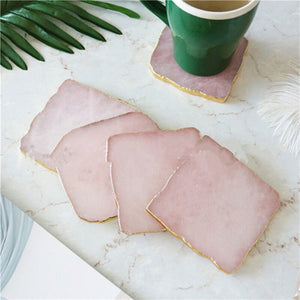 Wholesale 1pcs Natural Rose Quartz Coaster Hexagon Crystal Platter Electroplated Gold Color Jewelry for Cup Mat Display acacuss