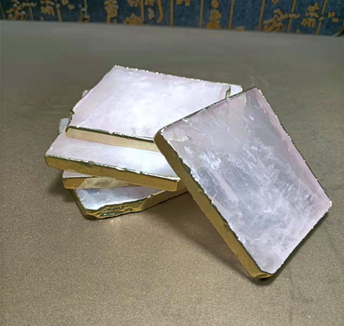 Wholesale 1pcs Natural Rose Quartz Coaster Hexagon Crystal Platter Electroplated Gold Color Jewelry for Cup Mat Display acacuss
