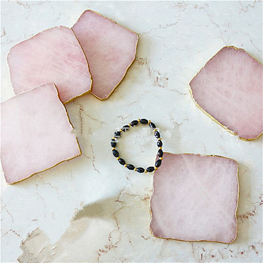 Wholesale 1pcs Natural Rose Quartz Coaster Hexagon Crystal Platter Electroplated Gold Color Jewelry for Cup Mat Display acacuss