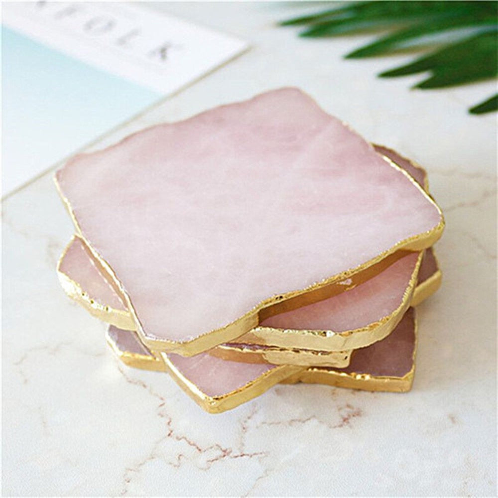 Wholesale 1pcs Natural Rose Quartz Coaster Hexagon Crystal Platter Electroplated Gold Color Jewelry for Cup Mat Display acacuss