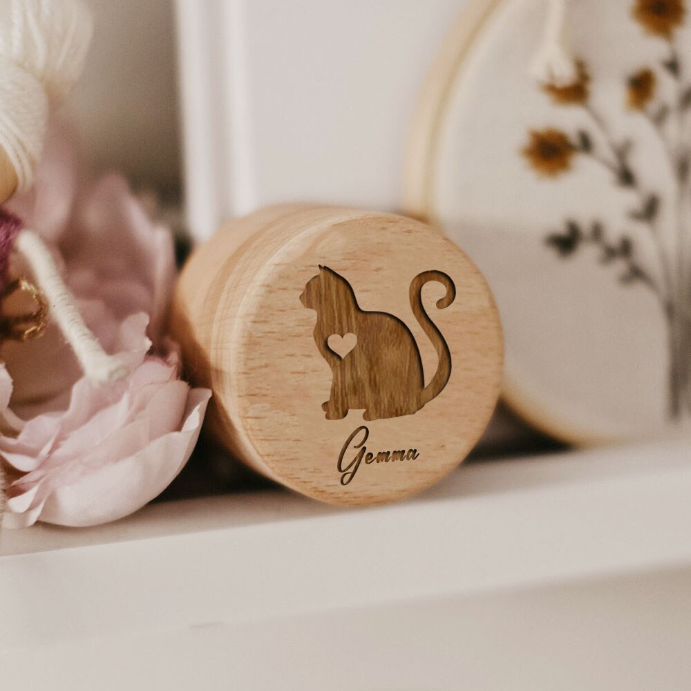 Wooden Carving Custom Name Cat Butterfly Printed Pet Hair Storage Box Cat Tooth Memorial Box Pet Supplies Pet Lost Memorial Gift acacuss