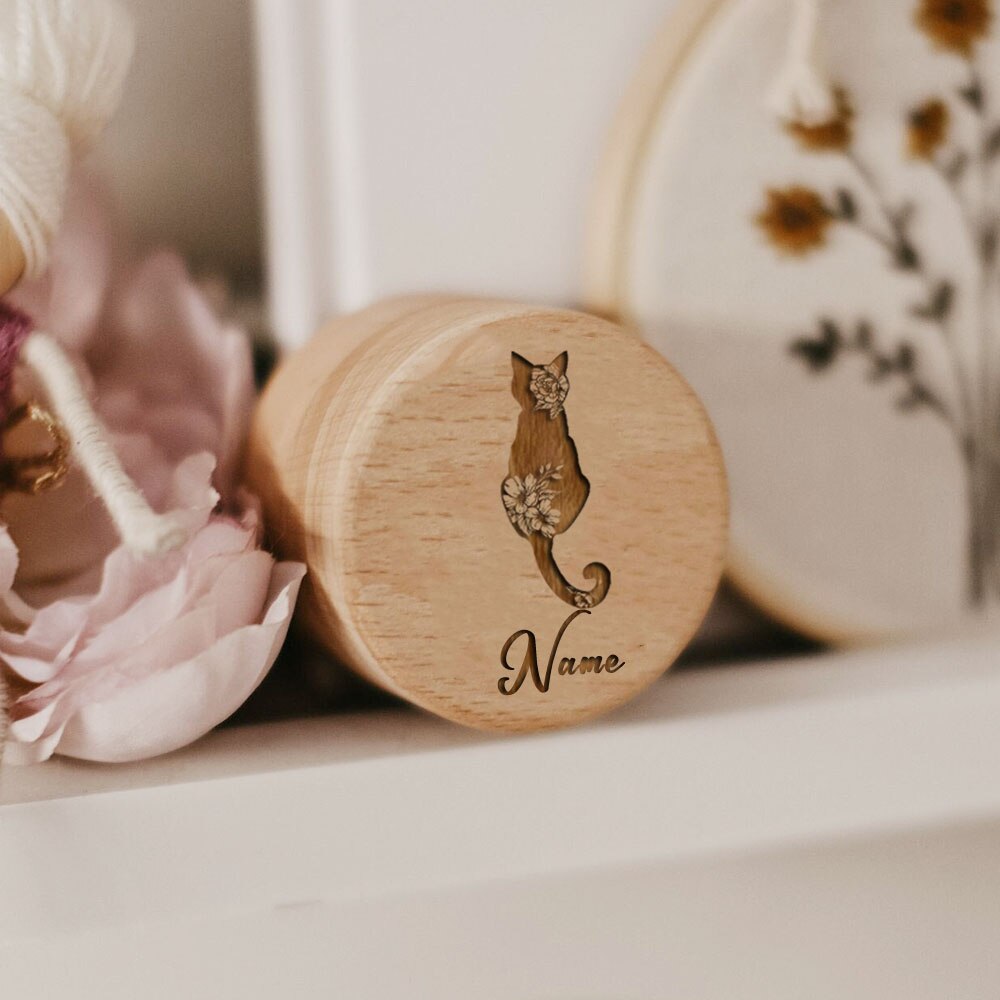 Wooden Carving Custom Name Cat Butterfly Printed Pet Hair Storage Box Cat Tooth Memorial Box Pet Supplies Pet Lost Memorial Gift acacuss