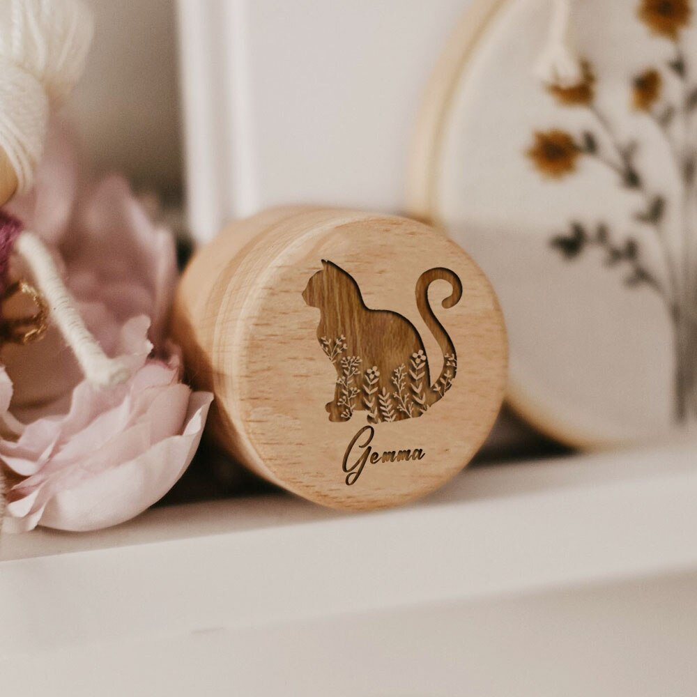 Wooden Carving Custom Name Cat Butterfly Printed Pet Hair Storage Box Cat Tooth Memorial Box Pet Supplies Pet Lost Memorial Gift acacuss