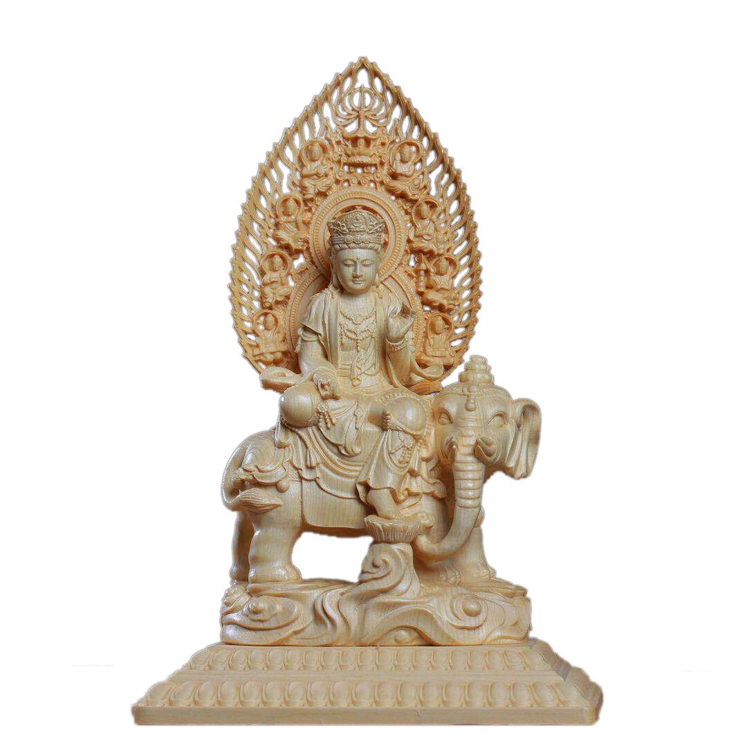 Wooden Carving Samantabhadra Manjushri Buddhist Figure Statue Solid Wood Carving Feng Shui Ornament Home Living Room Decoration acacuss