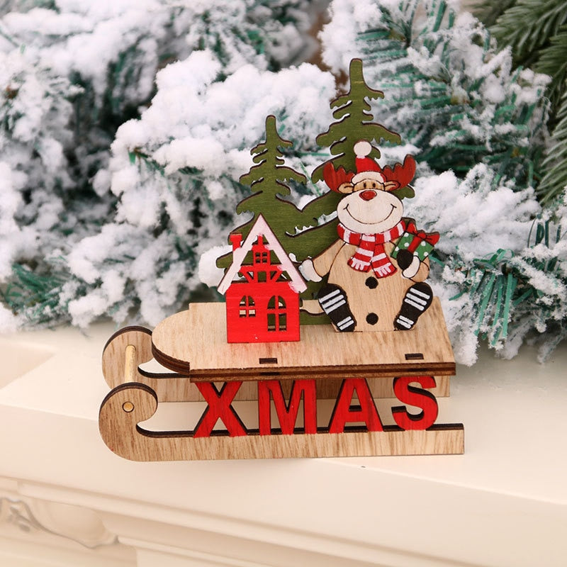 Wooden Desktop Christmas Decorations Xmas Sleigh Santa Claus Deer Cart Merry Christmas Party Home Decor Fork Naviidad acacuss