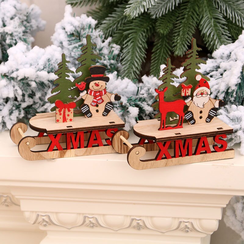 Wooden Desktop Christmas Decorations Xmas Sleigh Santa Claus Deer Cart Merry Christmas Party Home Decor Fork Naviidad acacuss
