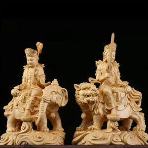 Wooden Manjushri - Samantabhadra Figure Statue Solid wood hand-carved Buddha statue Home feng shui ornaments 14cm-5.50 in acacuss
