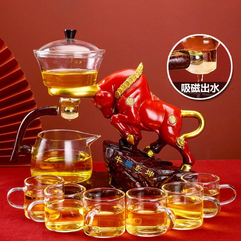 YOMEEI New Arrivals Fu Niu Automatic Glass Tea Set Household Living Lazy Rea Bull Teapot Making Transparent Strainer Tea Pot acacuss