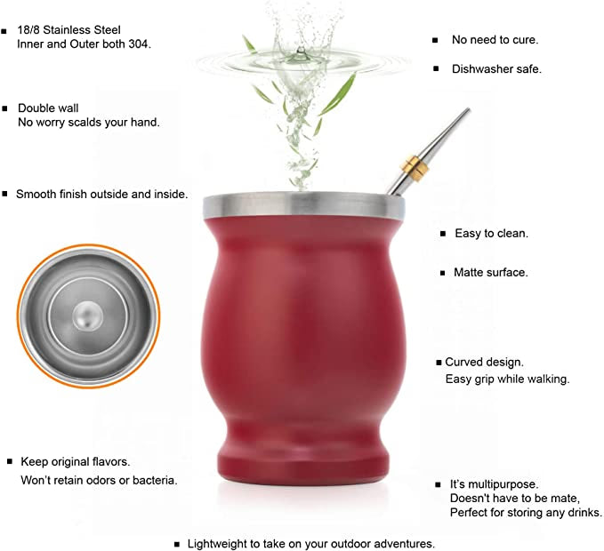 Yerba Mate Gourd Set Double-Wall Stainless Steel Mate Tea Cup and Bombilla Set Includes Yerba Mate Gourd (Cup) With One Bombilla acacuss