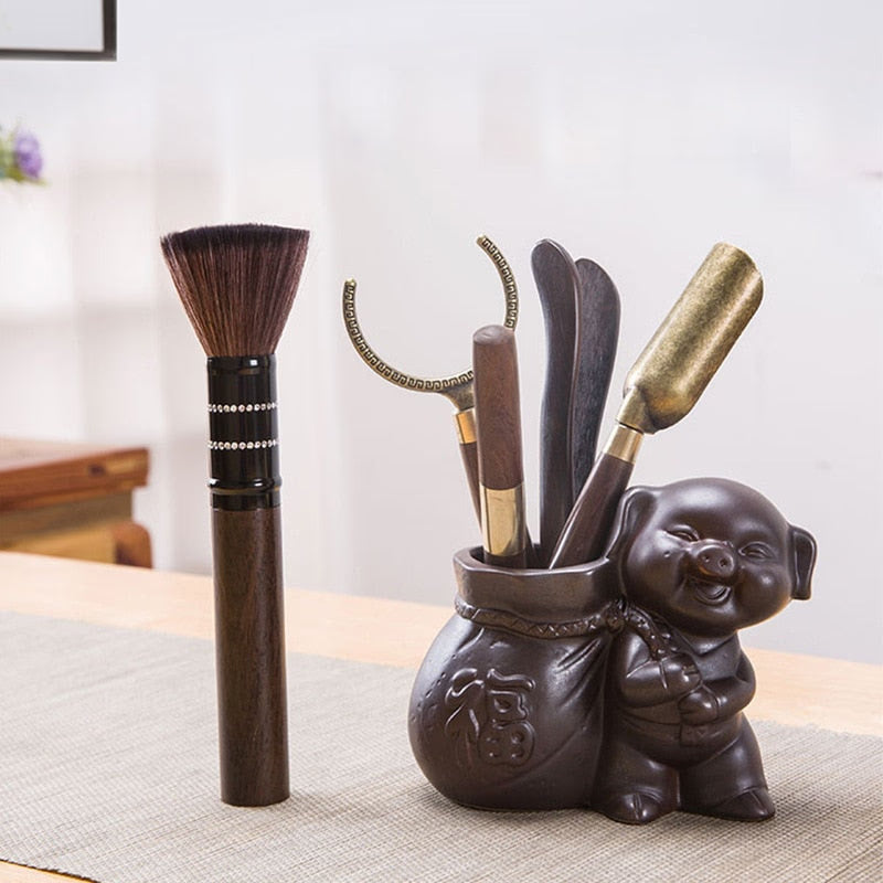 Zisha Tea Ceremony Six Gentlemen Set Ebony Solid Wood Kung Fu Tea Set Accessories Six-piece Tea Making Tool Tea Clip acacuss