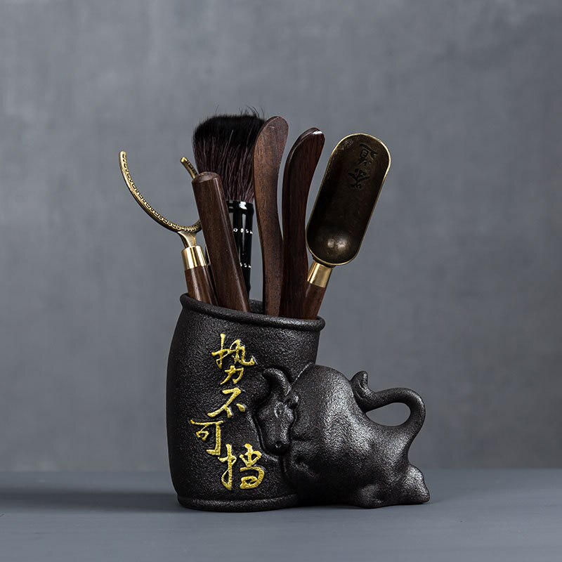 Zisha Tea Ceremony Six Gentlemen Set Ebony Solid Wood Kung Fu Tea Set Accessories Six-piece Tea Making Tool Tea Clip acacuss