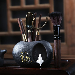 Zisha Tea Ceremony Six Gentlemen Set Ebony Solid Wood Kung Fu Tea Set Accessories Six-piece Tea Making Tool Tea Clip acacuss