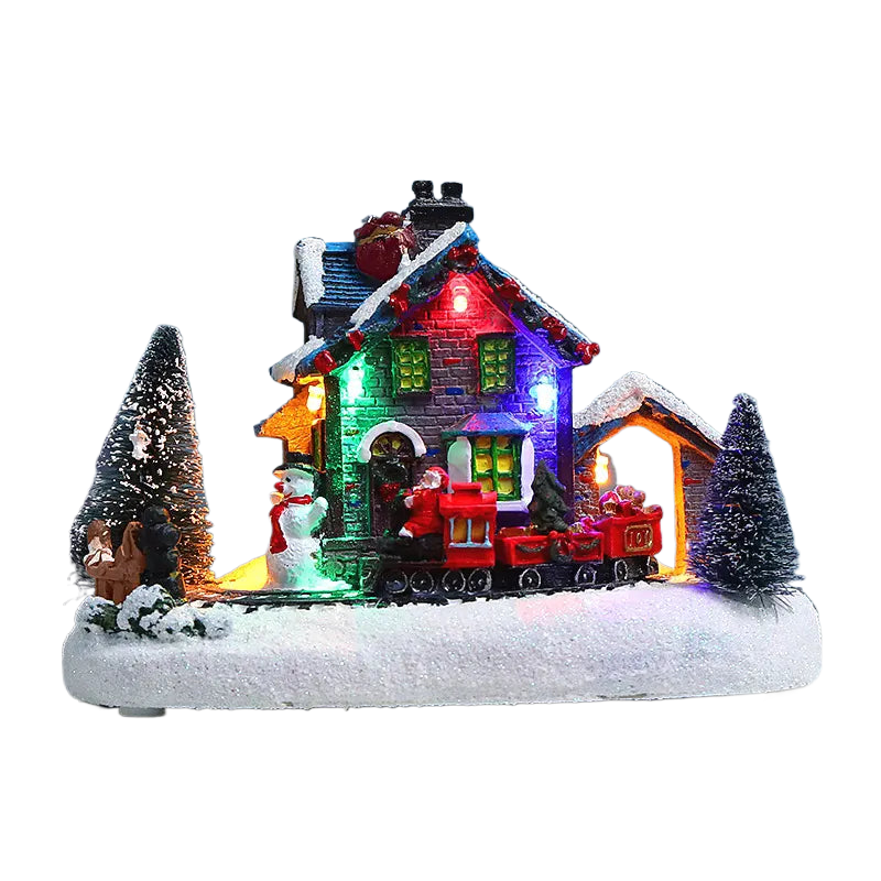 Christmas Small Train Village, Snow House, Luminous Resin Ornament, Color LED Light, Music Landscape, Tabletop Decor, Gifts acacuss