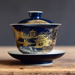 blue sketch gaiwan porcelain blue glaze China cup bowl saucer Chinese tureen ceramic kungfu tea set tea bowls lid acacuss
