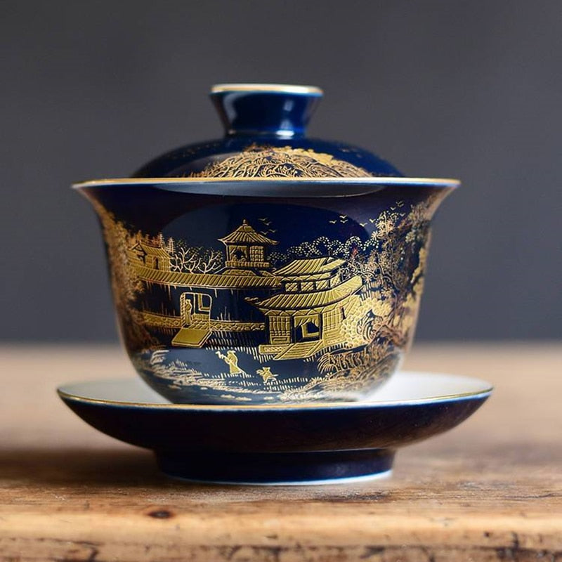 blue sketch gaiwan porcelain blue glaze China cup bowl saucer Chinese tureen ceramic kungfu tea set tea bowls lid acacuss