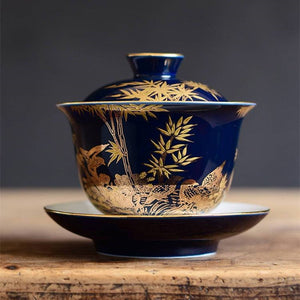 blue sketch gaiwan porcelain blue glaze China cup bowl saucer Chinese tureen ceramic kungfu tea set tea bowls lid acacuss