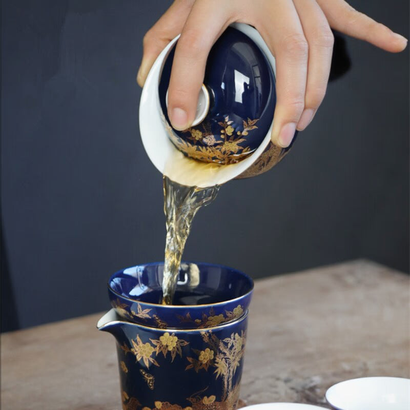 blue sketch gaiwan porcelain blue glaze China cup bowl saucer Chinese tureen ceramic kungfu tea set tea bowls lid acacuss