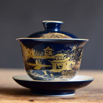 blue sketch gaiwan porcelain blue glaze China cup bowl saucer Chinese tureen ceramic kungfu tea set tea bowls lid acacuss