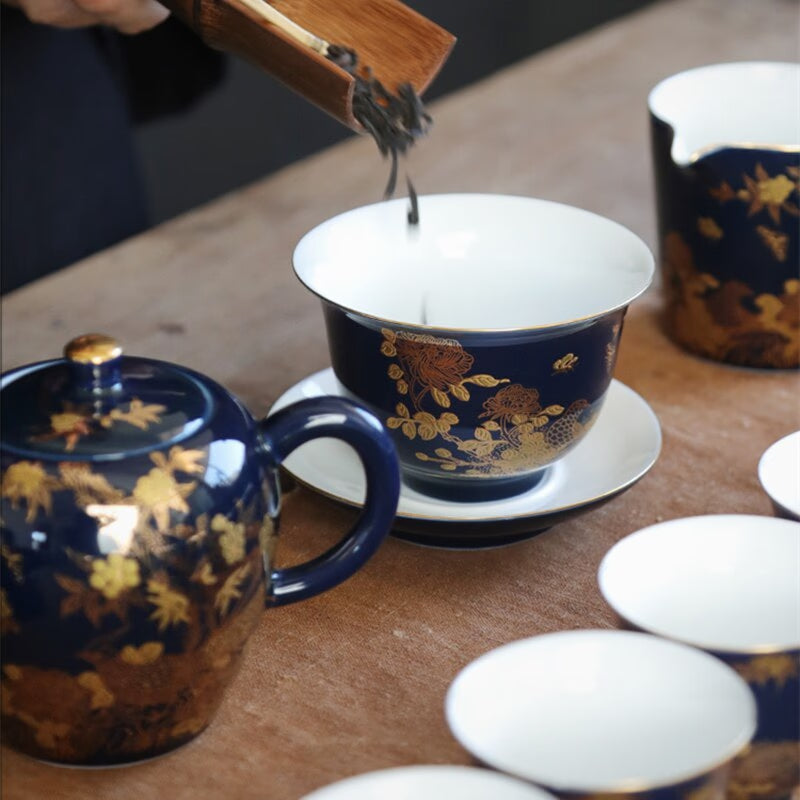 blue sketch gaiwan porcelain blue glaze China cup bowl saucer Chinese tureen ceramic kungfu tea set tea bowls lid acacuss