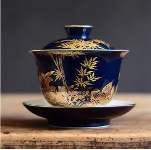 blue sketch gaiwan porcelain blue glaze China cup bowl saucer Chinese tureen ceramic kungfu tea set tea bowls lid acacuss
