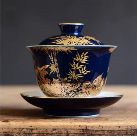 blue sketch gaiwan porcelain blue glaze China cup bowl saucer Chinese tureen ceramic kungfu tea set tea bowls lid acacuss