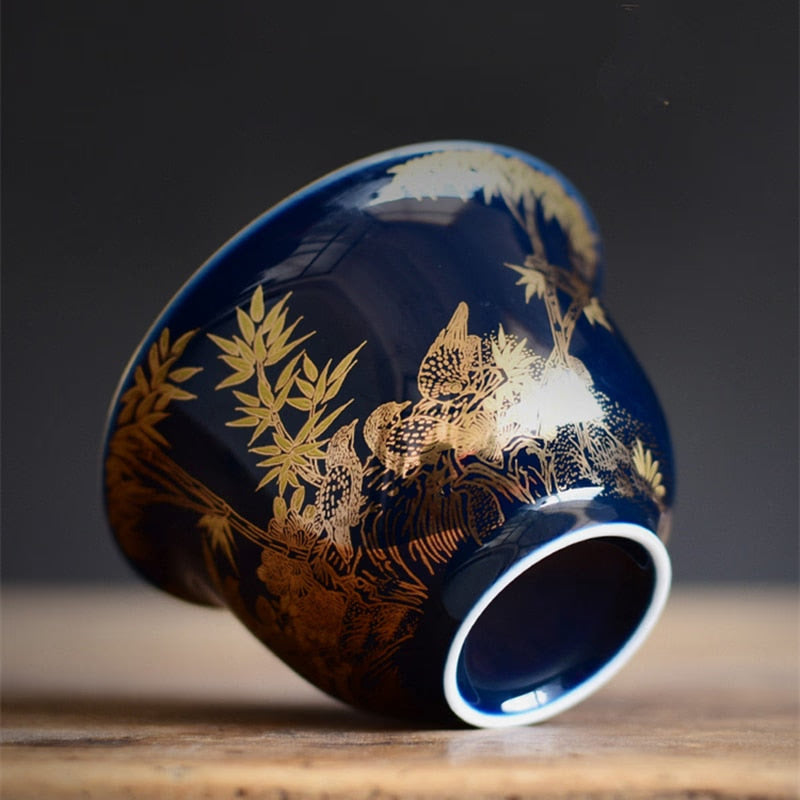 blue sketch gaiwan porcelain blue glaze China cup bowl saucer Chinese tureen ceramic kungfu tea set tea bowls lid acacuss