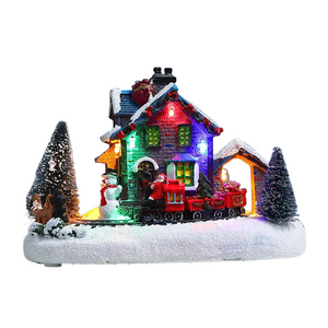 Christmas Small Train Village, Snow House, Luminous Resin Ornament, Color LED Light, Music Landscape, Tabletop Decor, Gifts acacuss