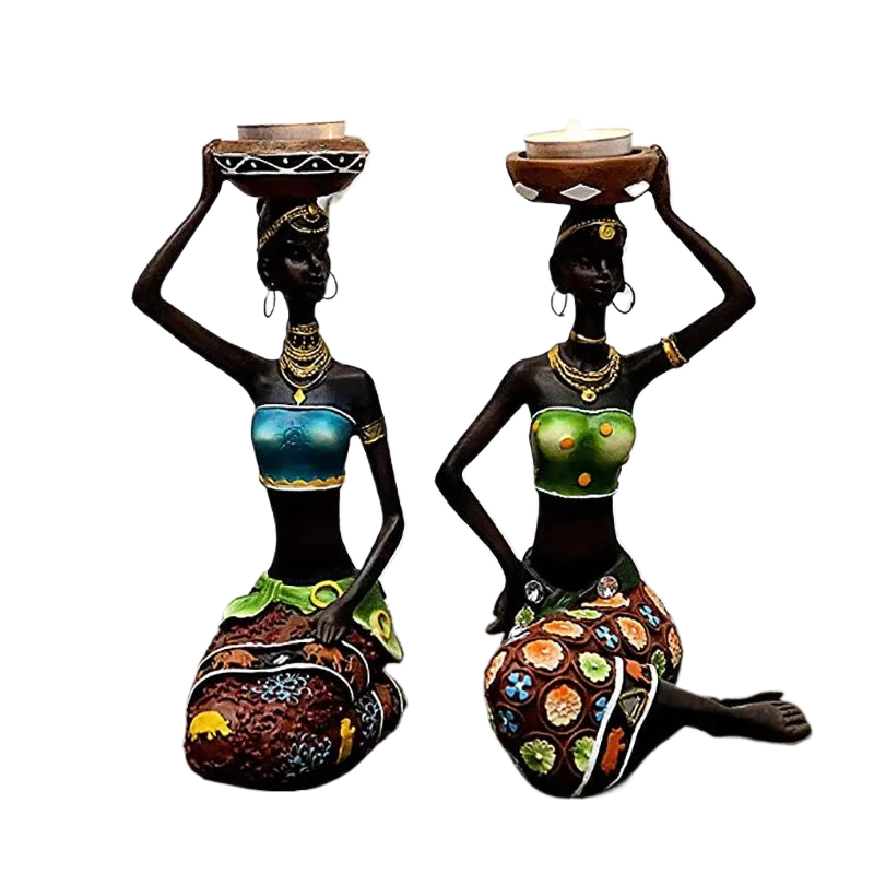 Candle Holders African Women 8.5" Decor For Table Desk Decorative Dining Room Candleholder Sculptures Resin Candlestick Vintage