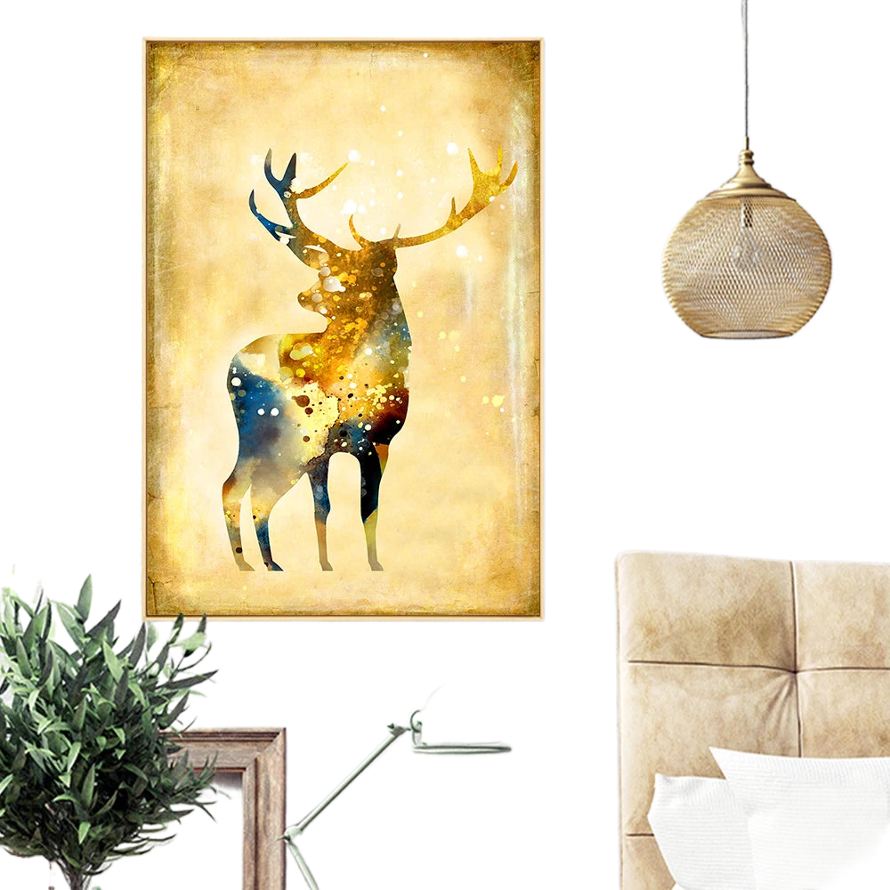3pcs Gold Deer Watercolor Animal Canvas Paintings Christmas Living Room Decorative Posters And Prints For Home Decor