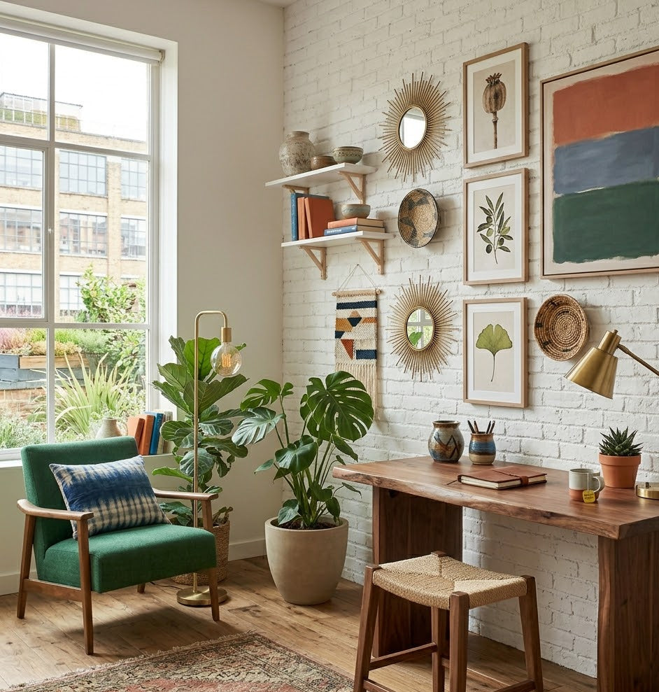 Home office with a desk, chair, and decorative elements.