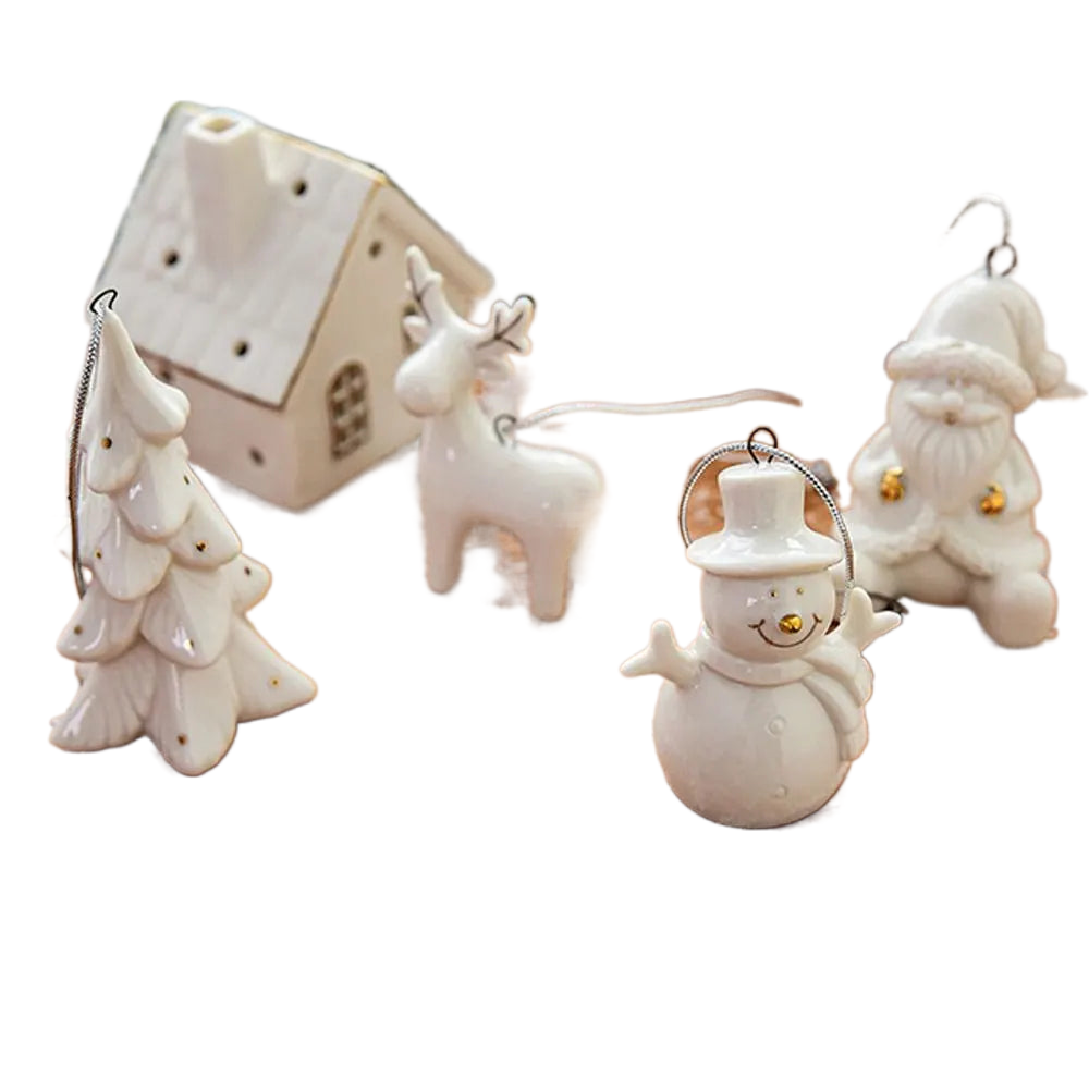 Christmas Ceramic House Pendant Hollow out Snow House Christmas Tree Charms Decoration Happy New Year Decoration Gifts acacuss