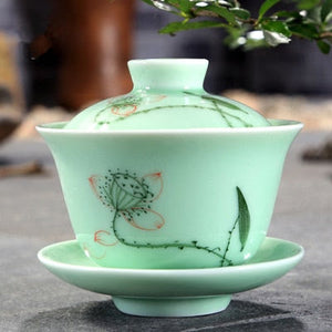 longquan celadon gaiwan porcelain handpainted tureen fish relief cup bowl with lid saucer mountain river print lotus design acacuss