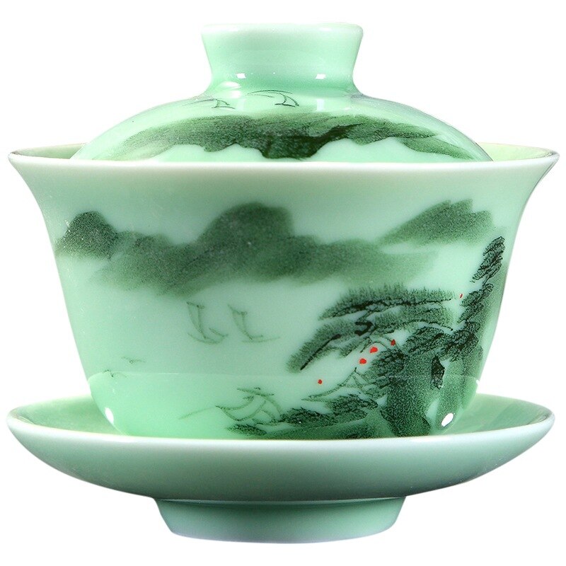 longquan celadon gaiwan porcelain handpainted tureen fish relief cup bowl with lid saucer mountain river print lotus design acacuss