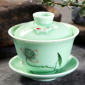 longquan celadon gaiwan porcelain handpainted tureen fish relief cup bowl with lid saucer mountain river print lotus design acacuss