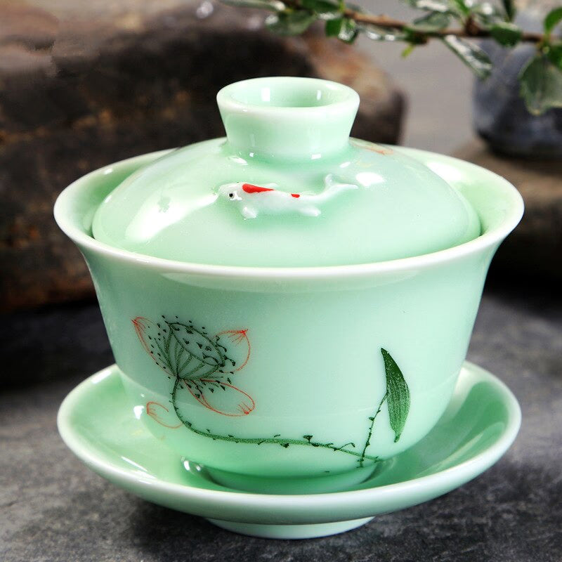 longquan celadon gaiwan porcelain handpainted tureen fish relief cup bowl with lid saucer mountain river print lotus design acacuss