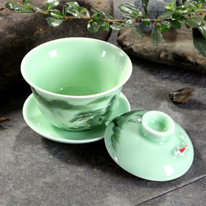 longquan celadon gaiwan porcelain handpainted tureen fish relief cup bowl with lid saucer mountain river print lotus design acacuss