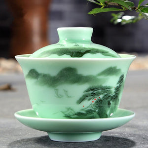longquan celadon gaiwan porcelain handpainted tureen fish relief cup bowl with lid saucer mountain river print lotus design acacuss