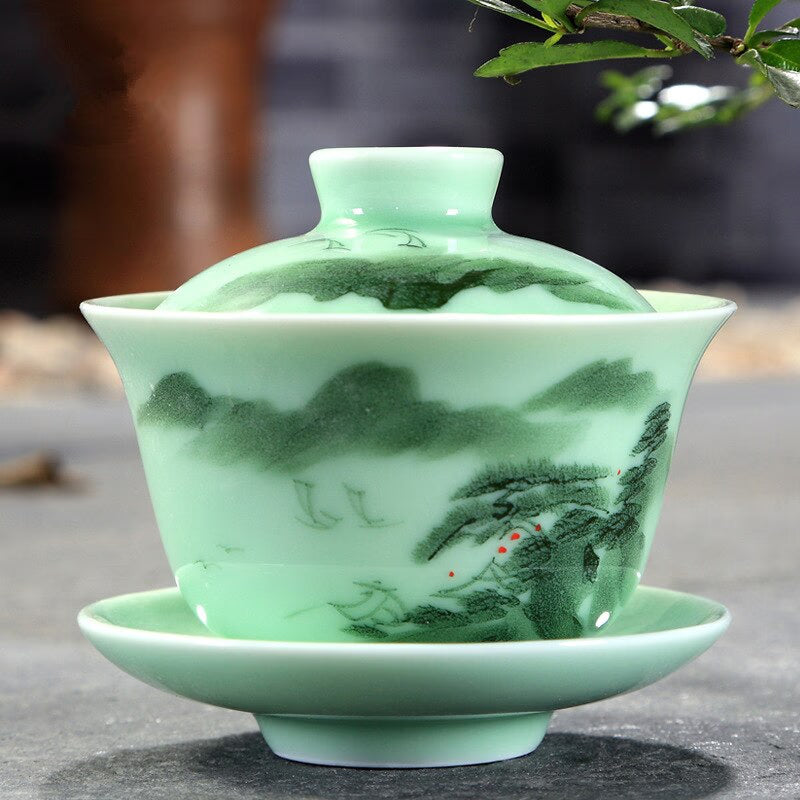 longquan celadon gaiwan porcelain handpainted tureen fish relief cup bowl with lid saucer mountain river print lotus design acacuss