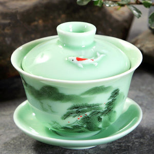 longquan celadon gaiwan porcelain handpainted tureen fish relief cup bowl with lid saucer mountain river print lotus design acacuss
