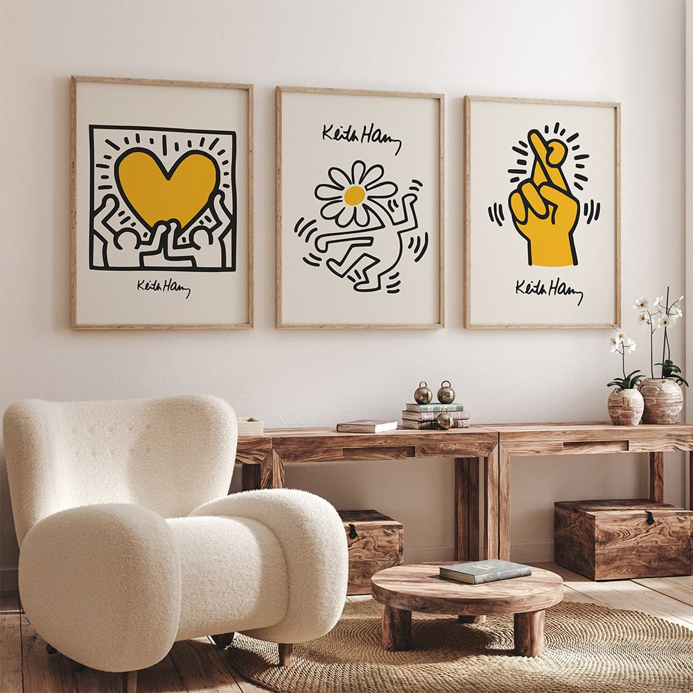 Keith mencetak warna kuning pop seni cetak poster jari menari bunga kanvas melukis gambar dinding abstrak untuk hiasan bilik tidur