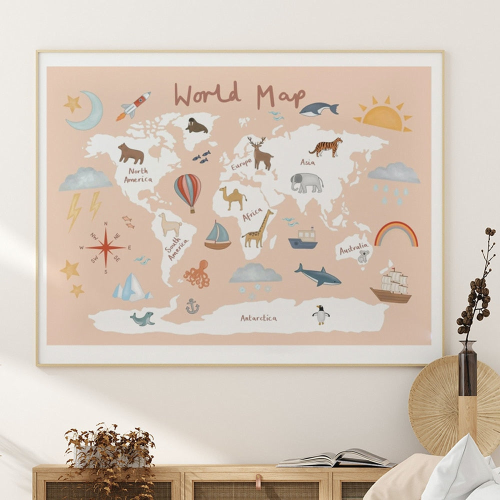 Nordic Funny Pink World Map Canvas Lukisan Poster Nurser