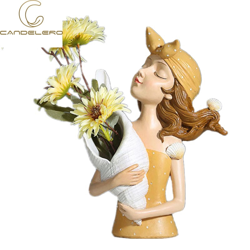 Flower Vase Statue Home Decor Sculpture Vase For Flowers Wedding Decoration Living Room Resin Tray Decors Table Desk Shell Girl acacuss