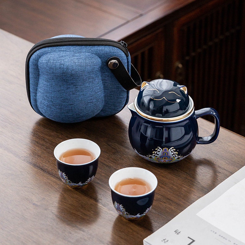 ACACUSS Ceramic Portable Travel Tea Set I Gift packed  I Travel Tea Set Ceramics I Forbidden City Cat Cup With Lid Ceramic Female Tea - ACACUSS