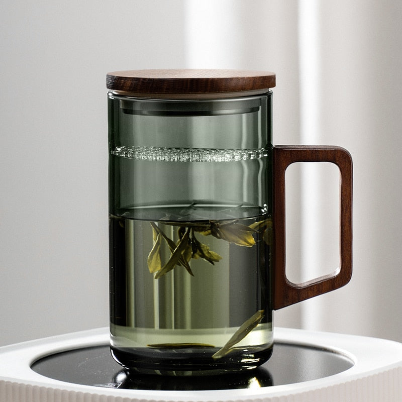 GIANXI Tea Cup With Crescent Moon Filter Japanese Wooden Handle Heat-resistant Glass Cups Tea Leaf Separation Tea Cup Set acacuss