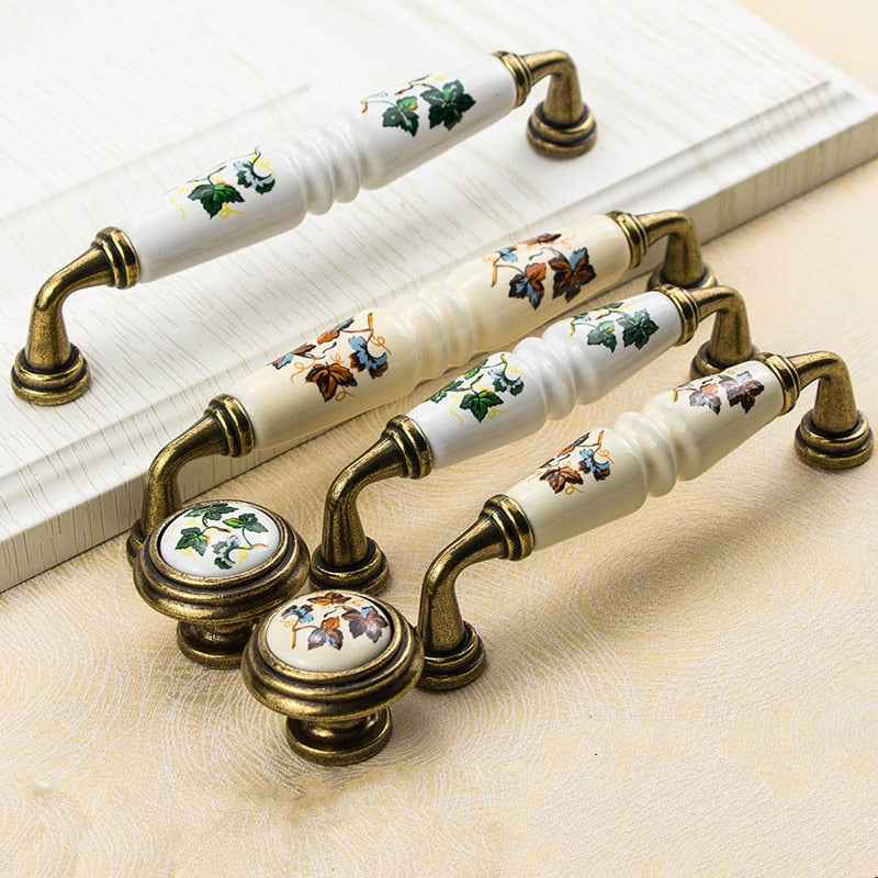 Garden Ceramic Furniture Kitchen Cabinet Drawer Handle, Flower Green Leaf Pattern Wardrobe Locker, Bedside Table Knob acacuss