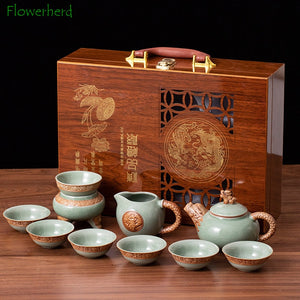 Ge Kiln Tea Set Gift Box Teaware Creative Ceramic Relief Dragon Kettle Festival Wooden Box Set of Business Gifts Kung Fu Tea Set acacuss