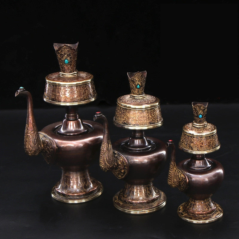 Gilt Tantric Offerings Benba Pot Nepo Red Copper Carved Water Purification Bottle Tibetan Buddhism Wenba Bottle acacuss