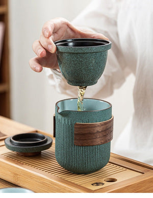 Glass Kuai Ke Cup One Pot Four Cups Portable Travel Tea Set with Bag | Bluestone Glaze Striped Quick Guest Cup  |  Four Cups Ceramic - acacuss