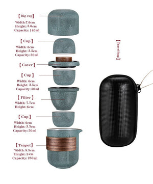 Glass Kuai Ke Cup One Pot Four Cups Portable Travel Tea Set with Bag | Bluestone Glaze Striped Quick Guest Cup  |  Four Cups Ceramic - acacuss